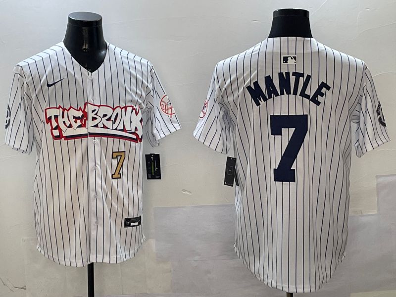 Men New York Yankees #7 Mantle White Stripe four generations Joint Name 2025 Nike MLB Jersey style 5